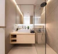 Bathroom with a mirror, shower, and wooden decor in a 3-room apartment.
