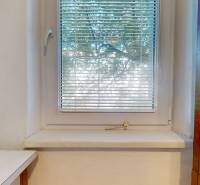 Windows with blinds in a 3-room apartment, kitchen countertop and wall in a neutral color.