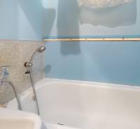 A bathroom in a 3-room apartment with blue walls and a shower faucet above the bathtub.