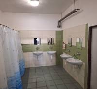 Bathroom of warehouses and halls. Three sinks, shower curtains, green and white tiles.