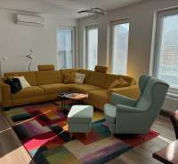 A colorful carpet complements the comfortable sofa and armchair in the 3-room apartment.