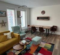 Bright living room in a 2-room apartment with a sofa, armchair, and wooden decor on the floor.
