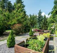 A garden with wooden planters and greenery on Janka Matúška Street in Bánovce nad Bebravou.