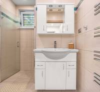 A bathroom in a family house with a shower, a white sink, and a mirrored cabinet.