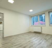 Interior offices with wood-patterned flooring, windows, and simple furnishings.