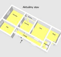 Floor plan of a family house in Horné Saliby with a living room, kitchen, and rooms.