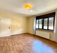 A spacious room in a family house with a wood-decor floor and a large window.