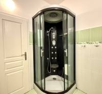 A shower enclosure in the bathroom of a family house with white and green tiles.