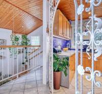 The interior of a family house with a wooden ceiling decor, white railing, and green plants.