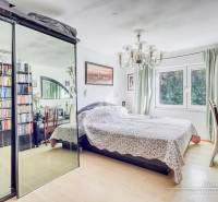Bedroom with a bed, large mirrored wardrobe, and bookshelf, floor with wood decor.