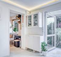 Open doors, shelves, houseplants, and an art painting in the Cottage.