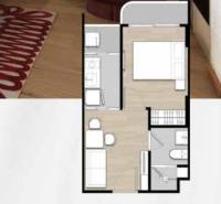 Floor plan of a 2-room apartment with wood-patterned flooring, showing the bathroom and bedroom.