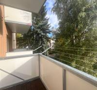 The balcony of a 3-room apartment on Majakovského Street in Lučenec with trees and a blue sky.