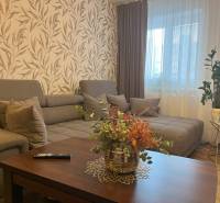 Living room of a two-room apartment with a large sofa, flowers, and patterned wallpaper.