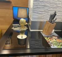 A kitchen in a 2-room apartment with a cooktop, knives, and a decorative lamp.