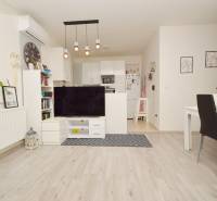 Living room of a 3-room apartment with a wood-decor floor, bright interior and furniture.