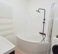 A bathroom with a bathtub, shower, and sink in a 3-room apartment.