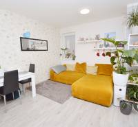 Living room in a 3-room apartment with a yellow sofa, table, and plants, floor with wood decor.