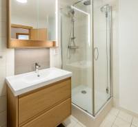 Bathroom in a 3-room apartment with a sink and a shower, bright tiles.