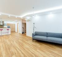 Living room and kitchen in a 3-room apartment with a sofa, bar, and wooden decor flooring.