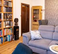 Living room of a 3-room apartment with a sofa, bookshelf, and wooden decor flooring.