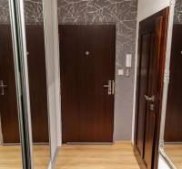 Entrance hallway in a 3-room apartment with a wooden decor floor and a mirrored wardrobe.