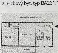 Floor plan of a 2.5-room apartment with a balcony, kitchen, and hallway. Area 63.5 m².