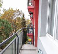 Balcony of a 3-room apartment with a view of greenery, red facade, window sill.