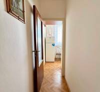 A hallway with a door frame, a wooden decor floor, and a painting on the wall.
