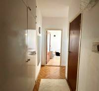 A hallway in a 2-room apartment with a wooden decor floor and a carpet.
