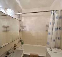 Bathroom with a shower, mirror, and washing machine in a 2-room apartment.