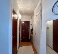 A narrow entrance area with a wooden decor floor in a 2-room apartment.