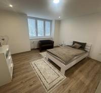 A bright room with a bed, chair, television, and wood-decor flooring in a studio apartment.