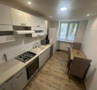 A kitchen in a studio apartment with built-in appliances and a wooden decor floor.
