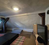Attic room with squeaky mattresses, a television, and a skylight in a family house.
