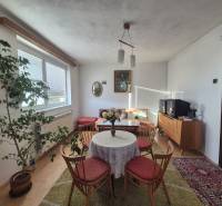 Living room in a family house with carpets and greenery, furnished with wooden furniture.