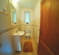 A bathroom in a family house with a sink, mirror, and toilet, wooden door.