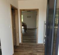 In the family house, there is an entrance hall with a wood-patterned floor and simple lighting fixtures.