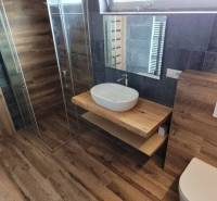 A bathroom in a family house with a sink, a shower corner, and a floor with a wooden decor.