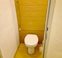 A toilet with wooden decor in a studio apartment.