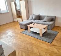 Living room with wood-patterned flooring, sofa, and furniture in a studio apartment.