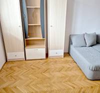 Interior of a 1-room apartment with wooden decor, cabinets, and a sofa.