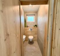 Bathroom with wood-patterned flooring, ceramic tiles, and a toilet in a family house.