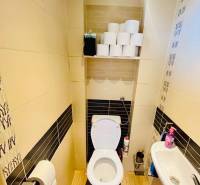 A toilet with a shelf, a sink, and a floor with a wooden decor in a 3-room apartment.