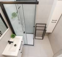 Bathroom in a 2-room apartment with a shower and a white sink.