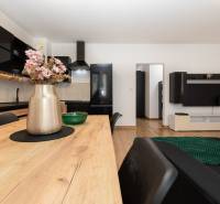 Interior of a 2-room apartment with a kitchen, wooden decor flooring, and an elegant table.