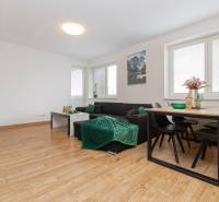 Living room in a two-room apartment with a sofa, table, and wooden decor flooring.
