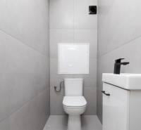 Bathroom with a toilet and a sink in a 2-room apartment. Light wall tiles.