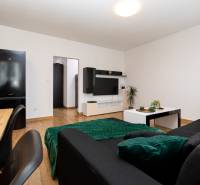Interior of a 2-room apartment with cozy furniture, kitchen, and floor with wood decor.