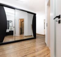 A hallway in a 2-room apartment with a large mirror and a floor with a wood decor.